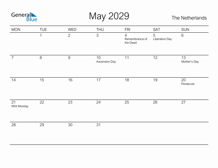 Printable May 2029 Calendar for The Netherlands