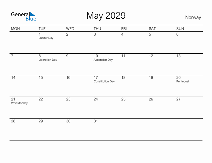 Printable May 2029 Calendar for Norway