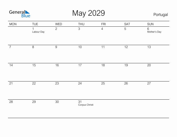 Printable May 2029 Calendar for Portugal