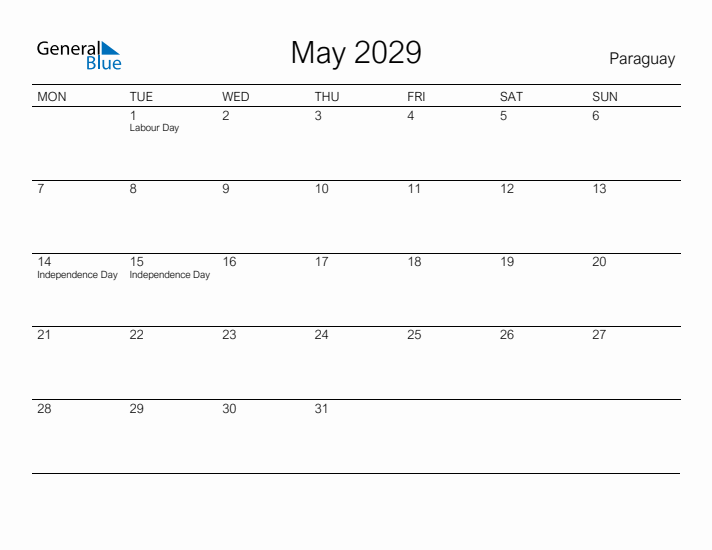 Printable May 2029 Calendar for Paraguay