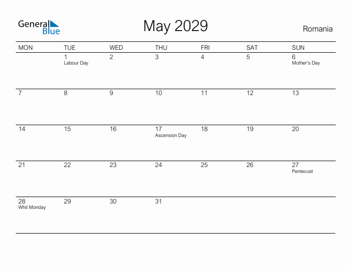 Printable May 2029 Calendar for Romania