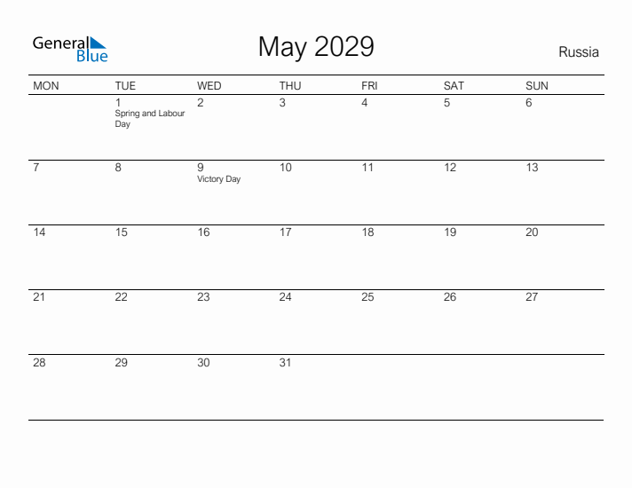 Printable May 2029 Calendar for Russia