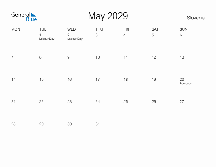 Printable May 2029 Calendar for Slovenia