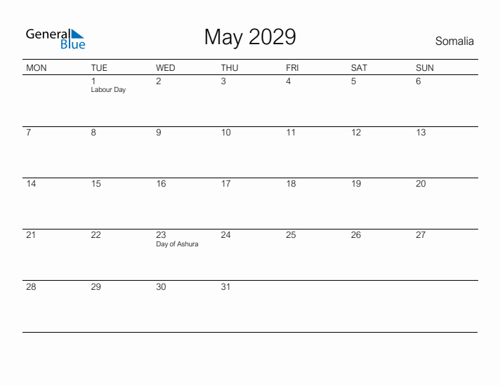 Printable May 2029 Calendar for Somalia