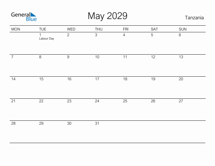 Printable May 2029 Calendar for Tanzania