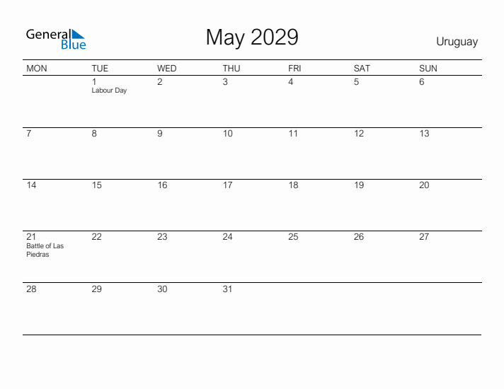 Printable May 2029 Calendar for Uruguay