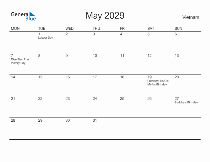 Printable May 2029 Calendar for Vietnam