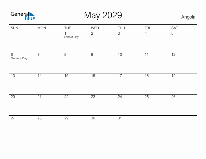 Printable May 2029 Calendar for Angola