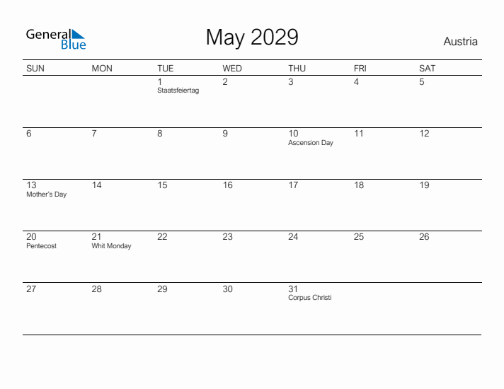 Printable May 2029 Calendar for Austria