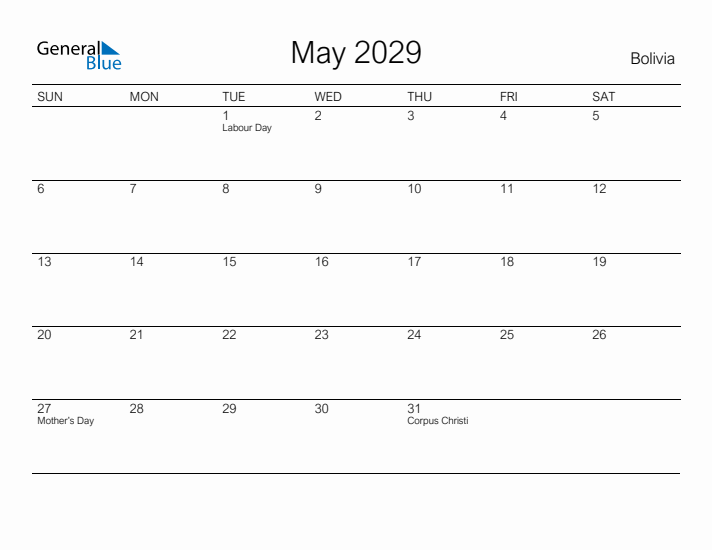 Printable May 2029 Calendar for Bolivia