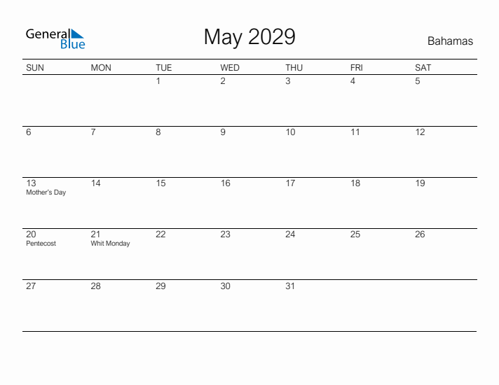 Printable May 2029 Calendar for Bahamas