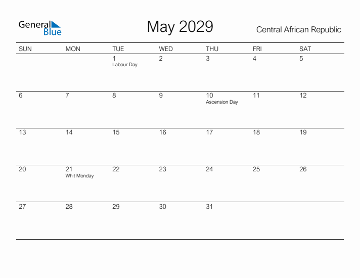 Printable May 2029 Calendar for Central African Republic