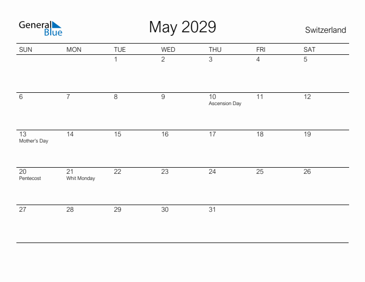 Printable May 2029 Calendar for Switzerland