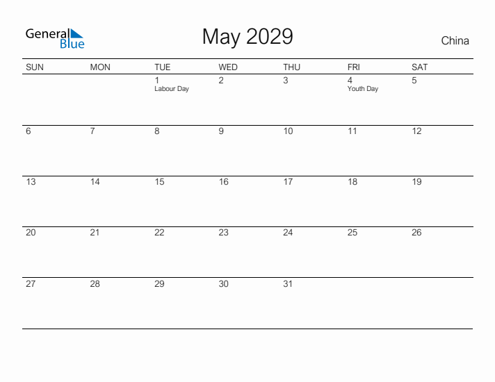 Printable May 2029 Calendar for China