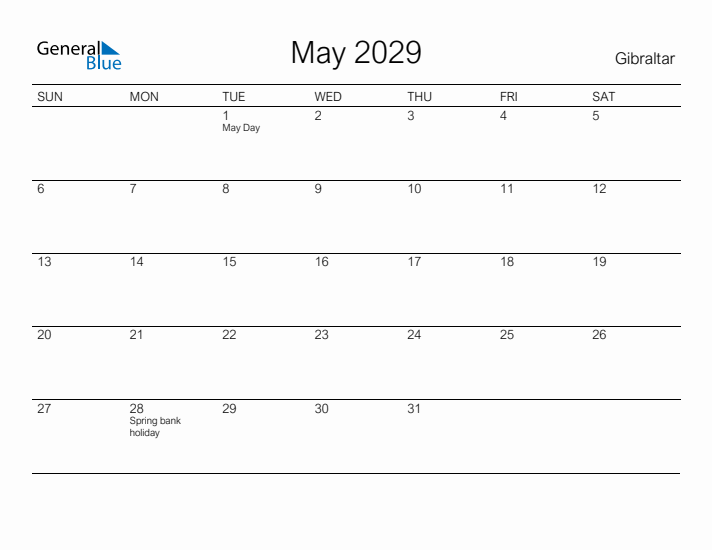 Printable May 2029 Calendar for Gibraltar