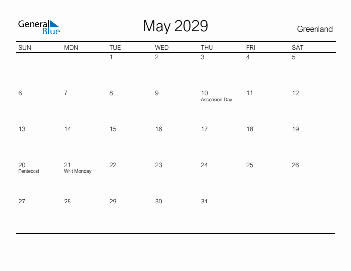 Printable May 2029 Calendar for Greenland