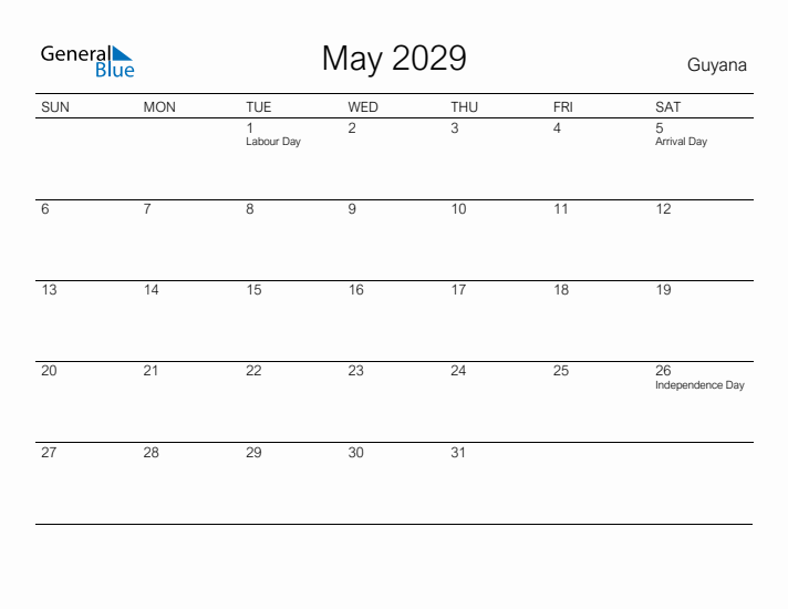 Printable May 2029 Calendar for Guyana