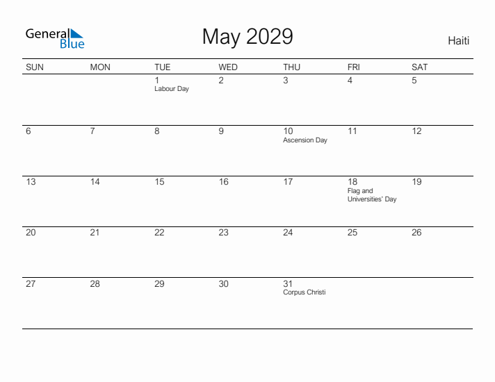 Printable May 2029 Calendar for Haiti