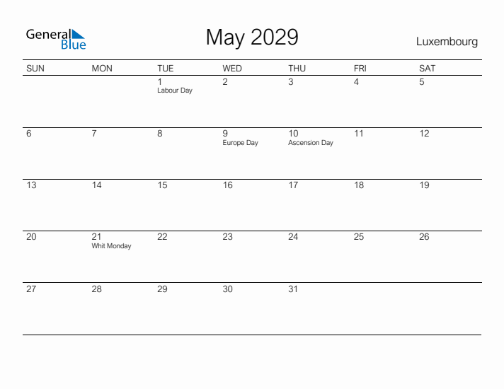 Printable May 2029 Calendar for Luxembourg