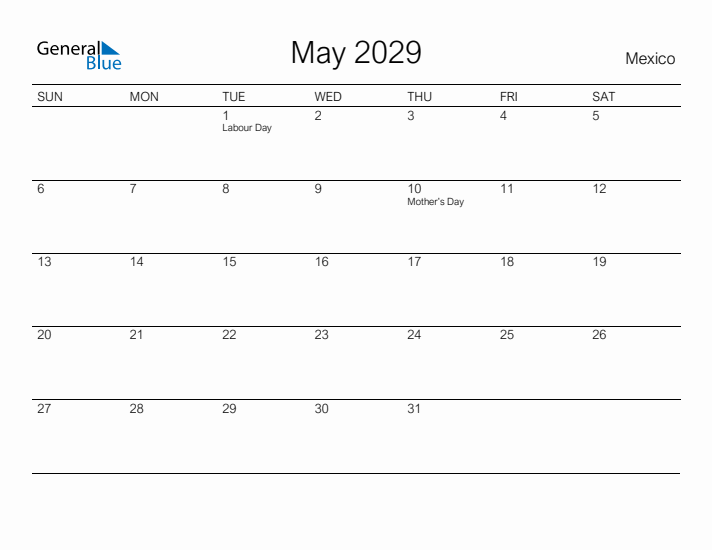 Printable May 2029 Calendar for Mexico