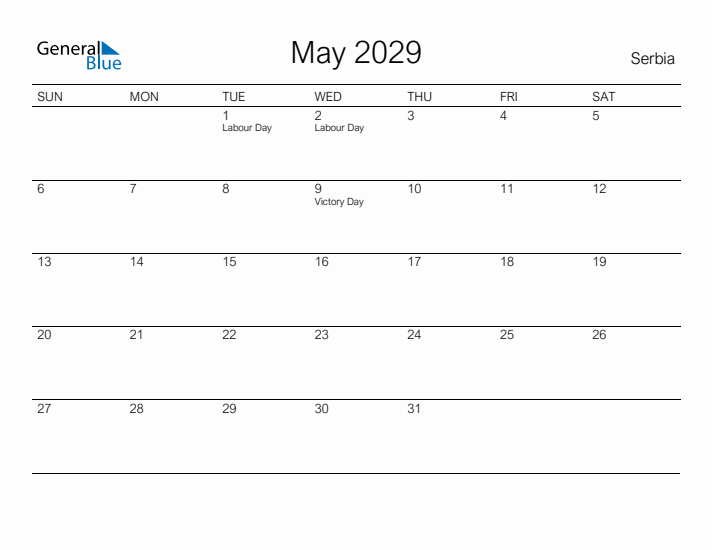 Printable May 2029 Calendar for Serbia