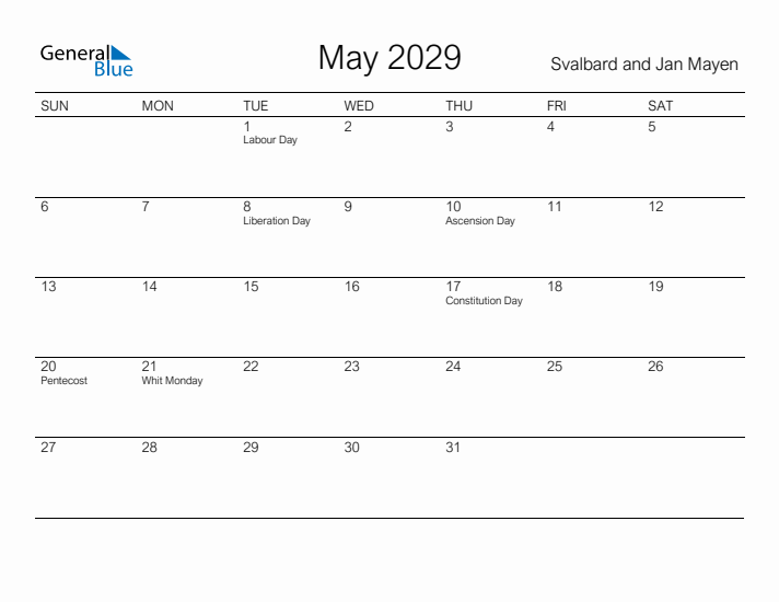 Printable May 2029 Calendar for Svalbard and Jan Mayen