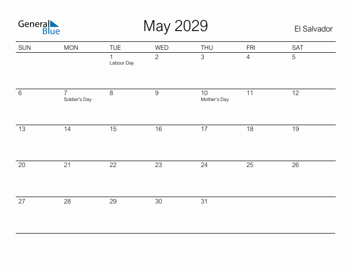 Printable May 2029 Calendar for El Salvador