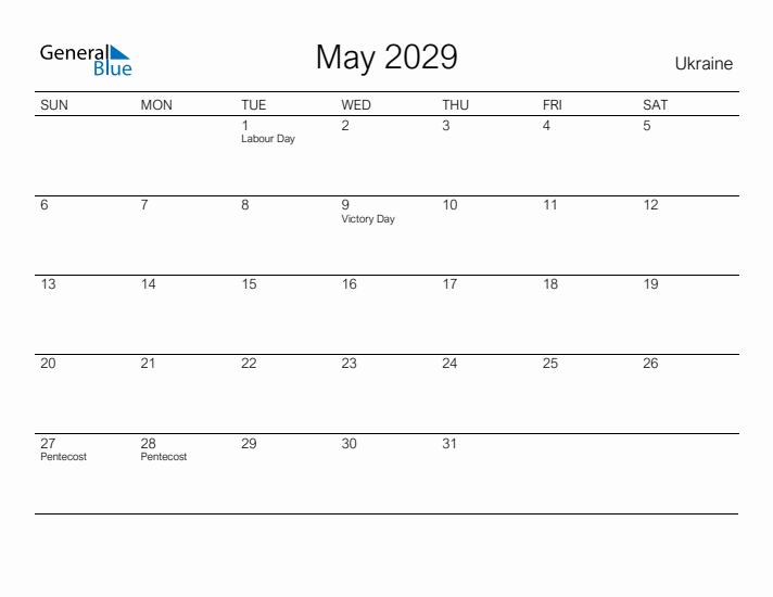 Printable May 2029 Calendar for Ukraine