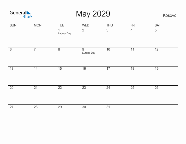 Printable May 2029 Calendar for Kosovo