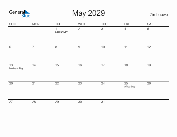 Printable May 2029 Calendar for Zimbabwe