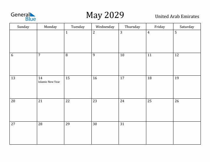 May 2029 Calendar United Arab Emirates