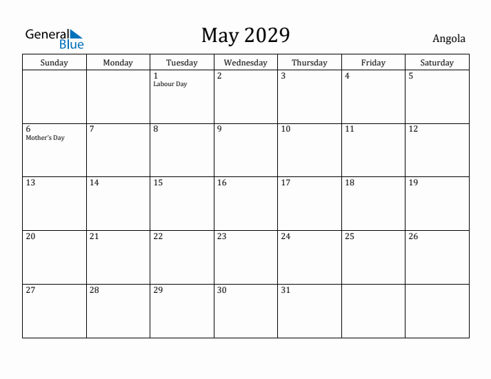 May 2029 Calendar Angola