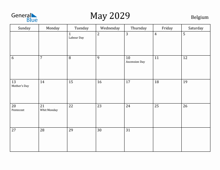 May 2029 Calendar Belgium