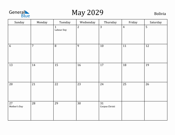 May 2029 Calendar Bolivia