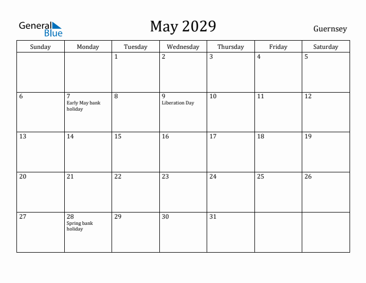 May 2029 Calendar Guernsey