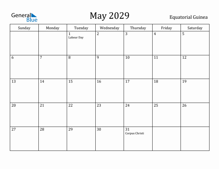 May 2029 Calendar Equatorial Guinea