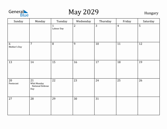 May 2029 Calendar Hungary