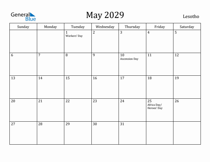 May 2029 Calendar Lesotho