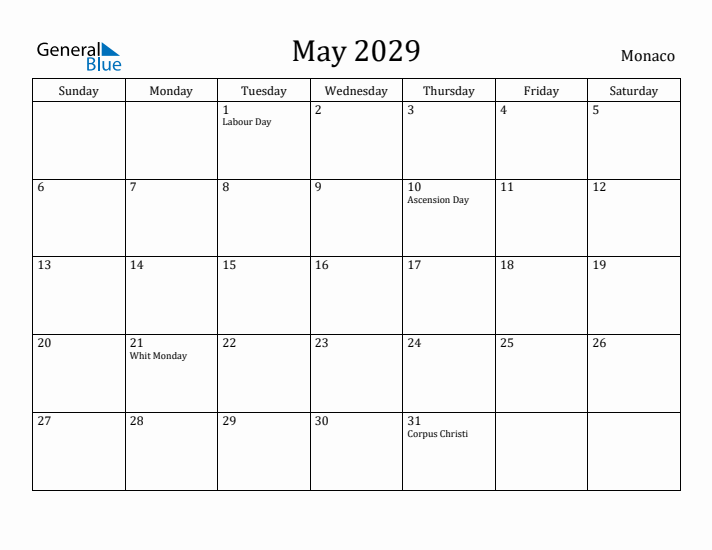 May 2029 Calendar Monaco