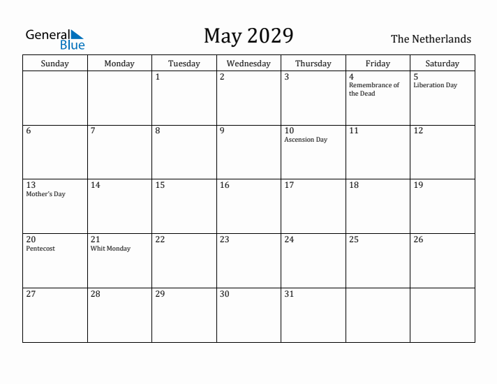 May 2029 Calendar The Netherlands