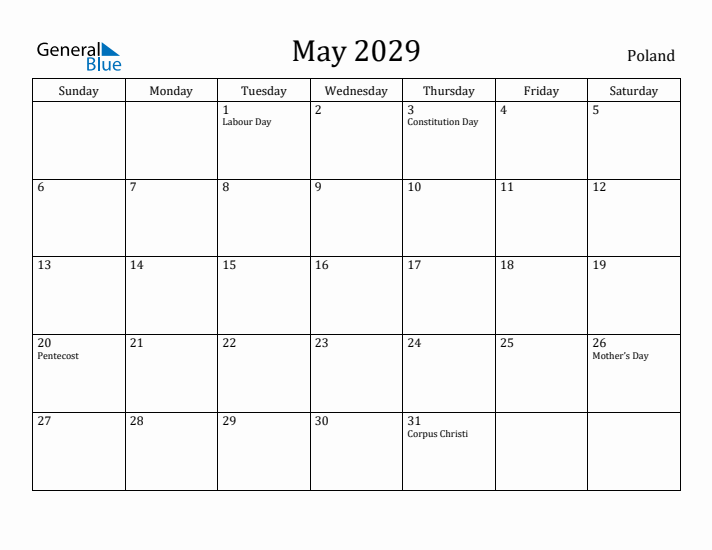 May 2029 Calendar Poland