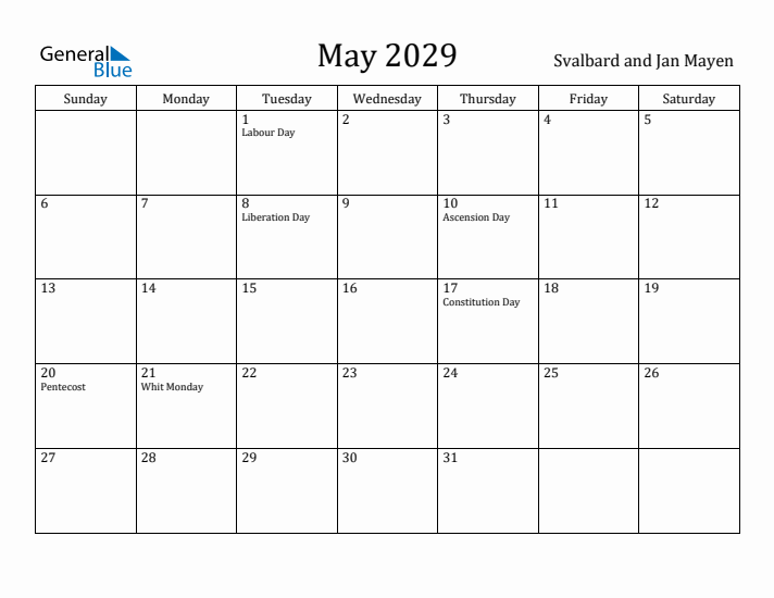 May 2029 Calendar Svalbard and Jan Mayen