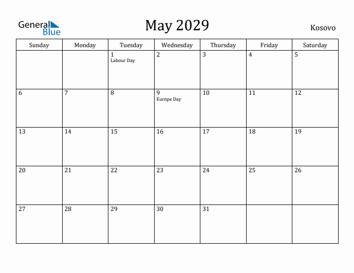 May 2029 Calendar Kosovo