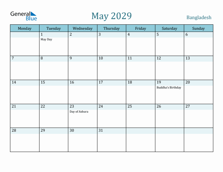 May 2029 Calendar with Holidays