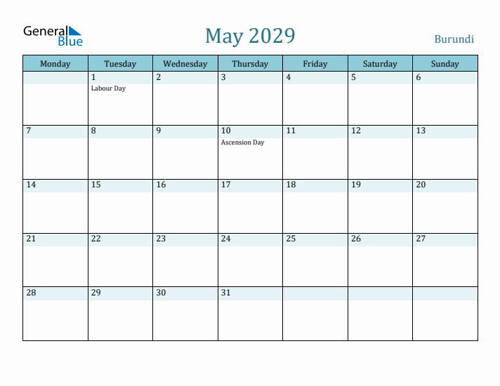 May 2029 Calendar with Holidays