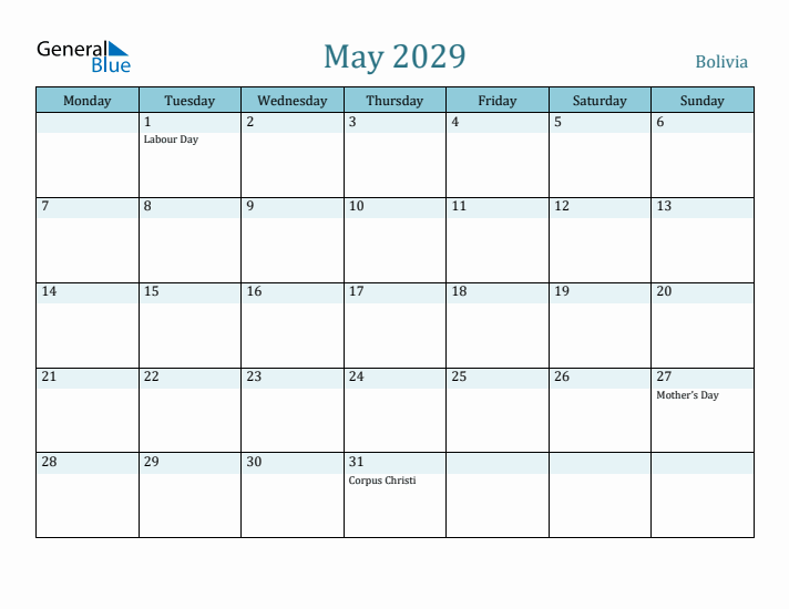 May 2029 Calendar with Holidays