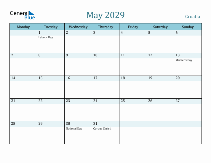 May 2029 Calendar with Holidays