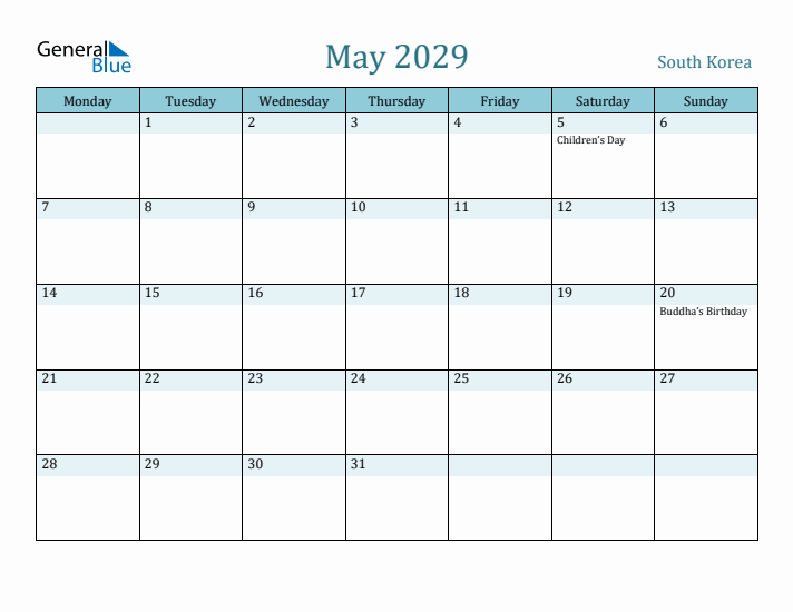 May 2029 Calendar with Holidays