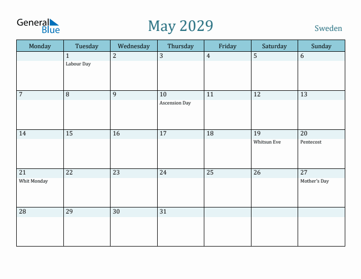 May 2029 Calendar with Holidays