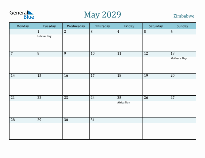 May 2029 Calendar with Holidays